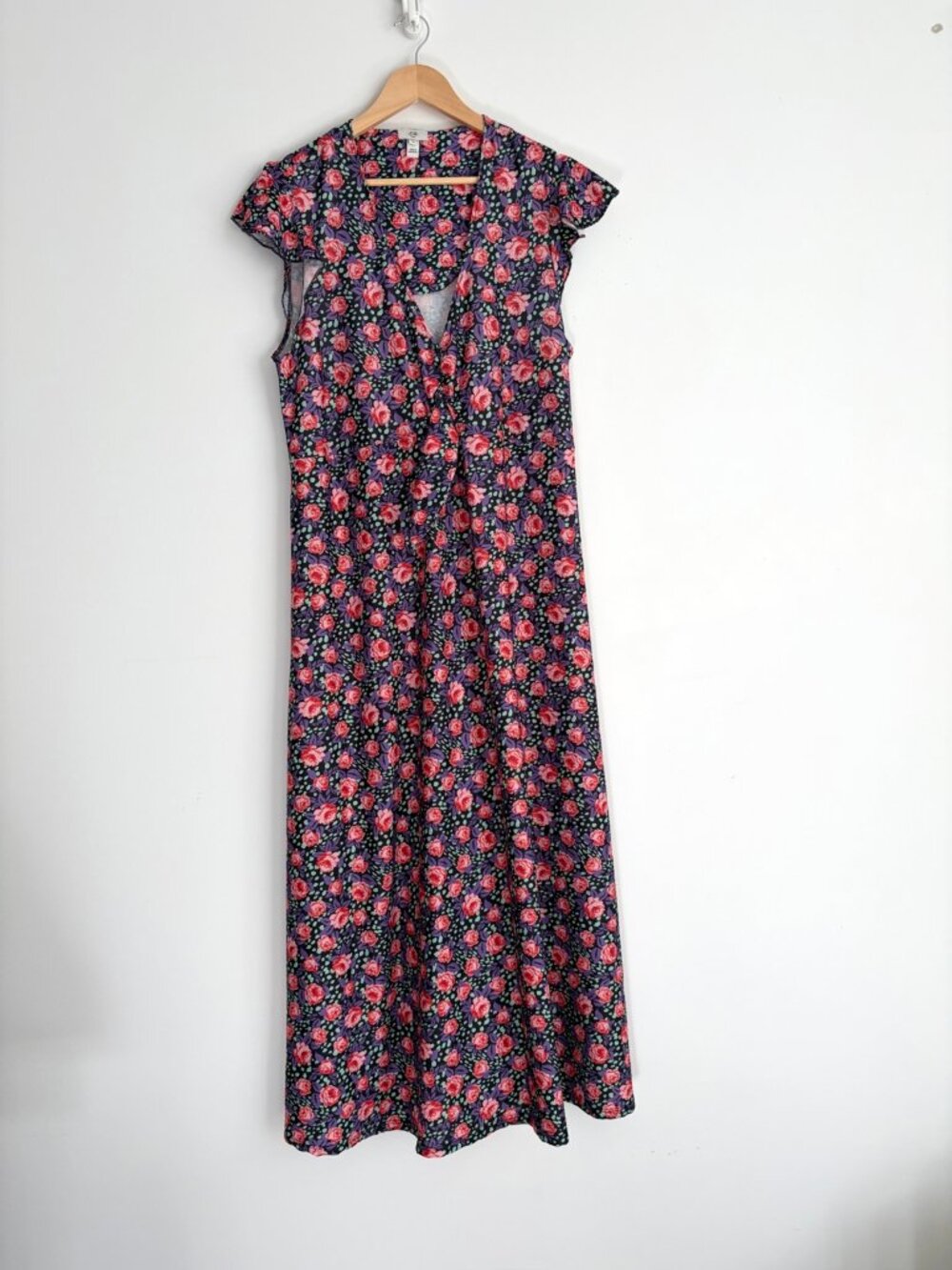 River Island Plus Grunge Pink Rose Floral Ruched Flutter Sleeve Maxi Dress L